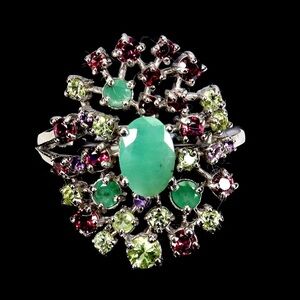 Natural Emerald, Amethyst, Peridot & Rhodolite Garnet 925 Silver Ring Size 7